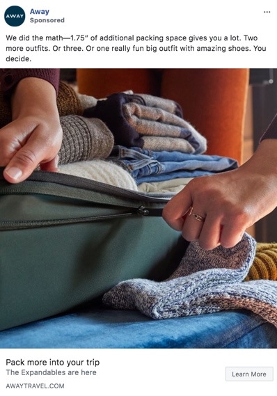 Screenshot of a Away ad on Facebook, featuring attention-grabbing copy that talks about how many outfits you can fit into 1.75" of additional luggage space