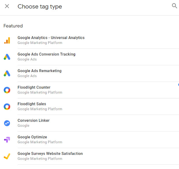 Screenshot showing a featured GTM tag options