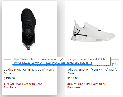 Screenshot showing PLPs with junk parameters in the URL
