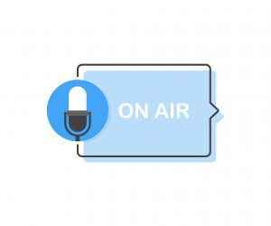 Podcast icon showing a microphone and a speech bubble with the text "on air" inside