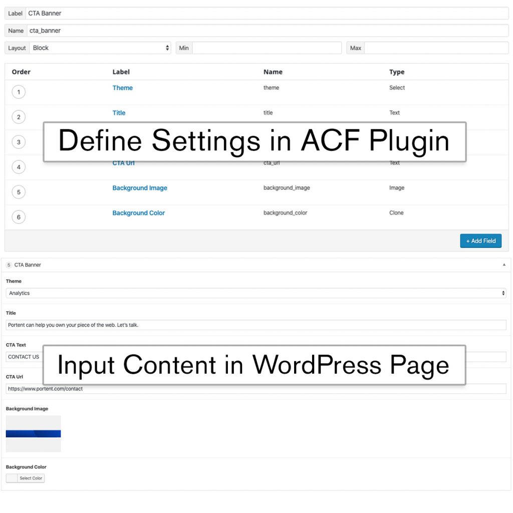 Side-by-side comparison showing how the ACF plugin and the WordPress Page input work together