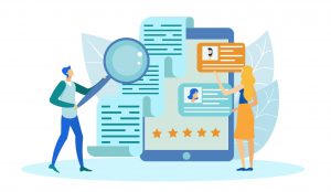 Illustration of two people searching a list of contacts and profiles with photos with magnifying glass