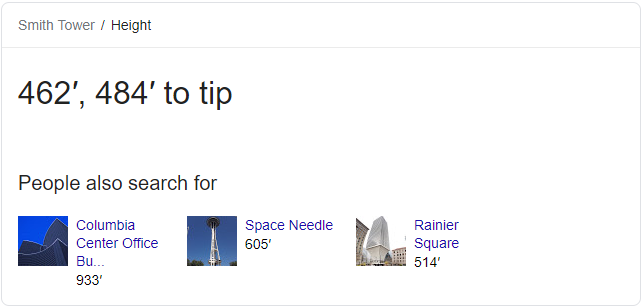 Screenshot showing Google's Knowledge Graph answer to the query "how tall is smith tower" showing no data source