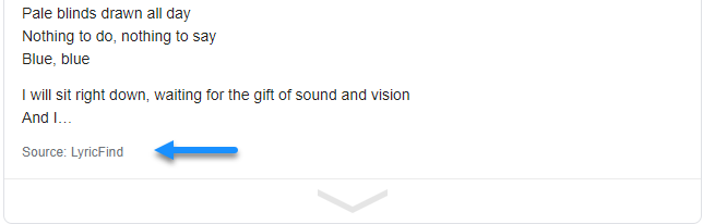 Screenshot of a Google answer box for song lyrics, with a blue arrow pointing to the source attribution LyricFind