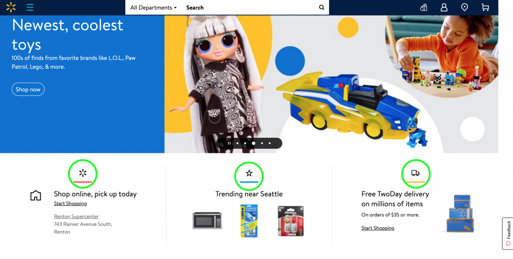 Highlighted in this screen grab of walmart.com&rsquo;s homepage are three decorative icons above text titles (icons are circled in green) If these icons were removed the titles below them could still be fully understood. This means the icons should be marked as decorative images, and in this case, they are.