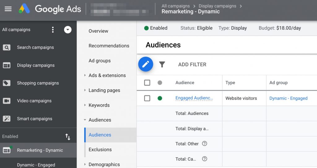 Screenshot of a list of audiences being used in a display campaign in Google Ads