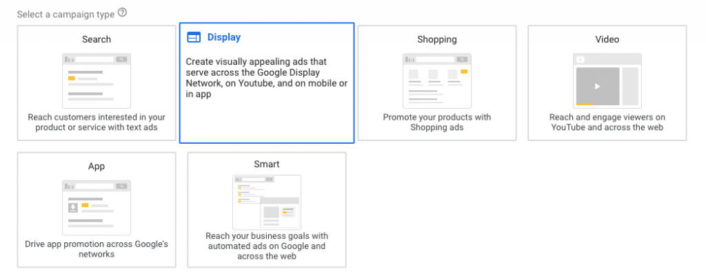 Screenshot showing how to set up a dedicated display campaign in Google Ads