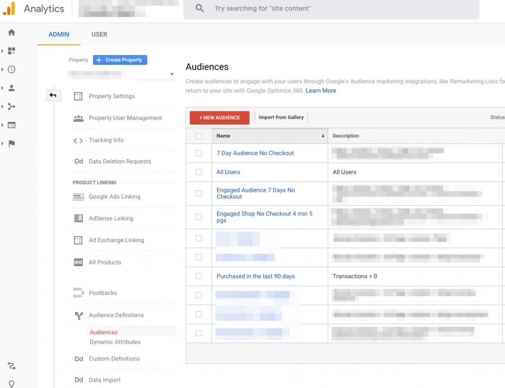 Screenshot of where to create audience lists in Google Analytics