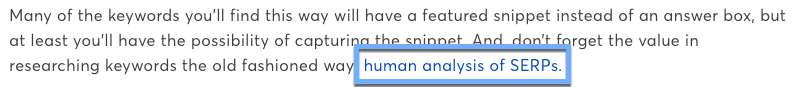 This screenshot from a Portent blog post shows a link to a blog that uses the anchor text as the last part of a sentence, "human analysis of SERPS."