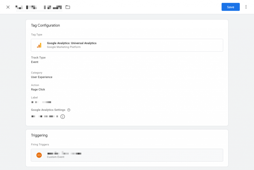 For Universal Analytics, the track type is event, category is user experience, and the action is rage click.