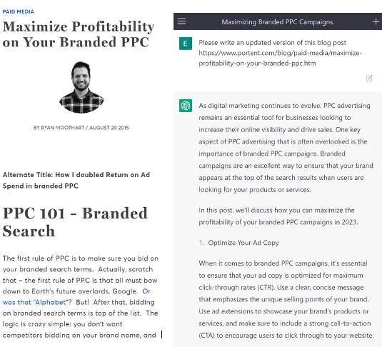 ChatGPT updates a blog post, although the copy lacks the style of the original